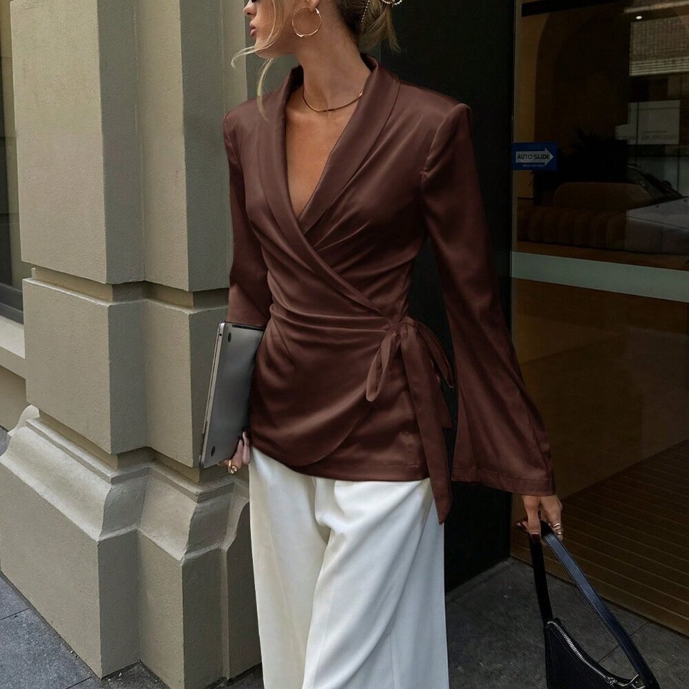 Coffee Brown Women's V Neck Criss-Cross Wrap Tie Side Bow Blouse top - Picture 8 of 8